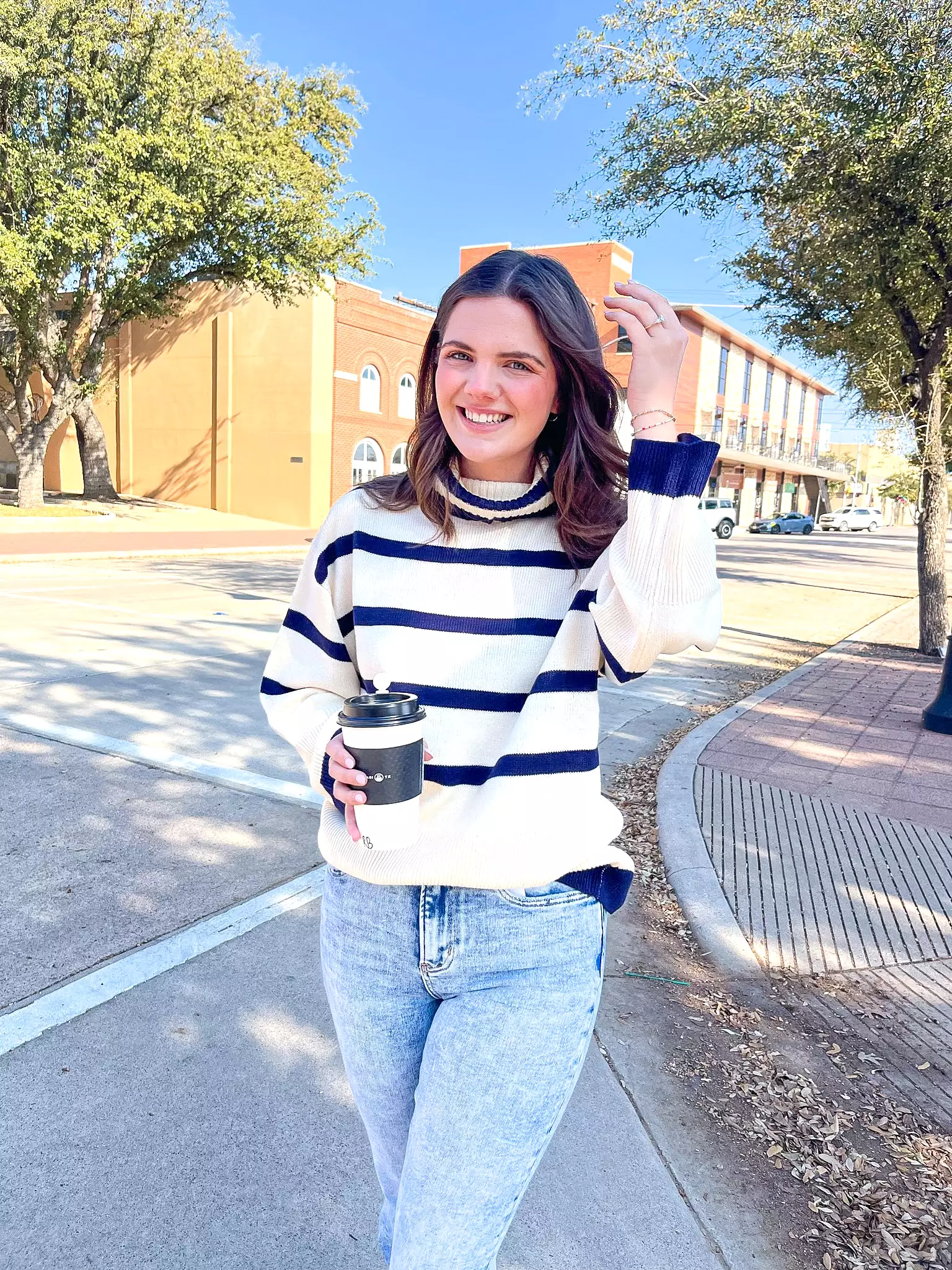 Cream and Navy Striped Turtleneck Sweater