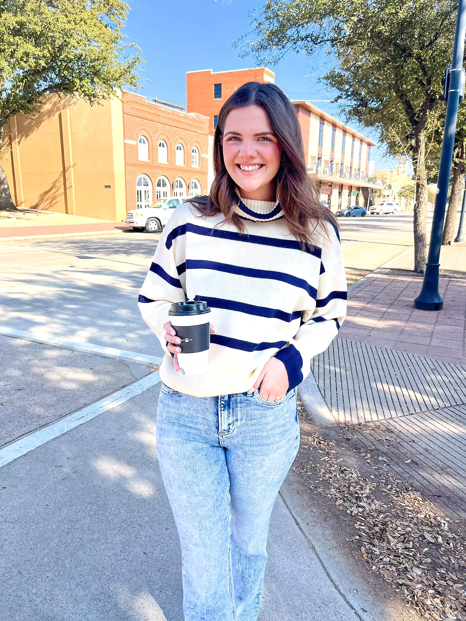 Cream and Navy Striped Turtleneck Sweater