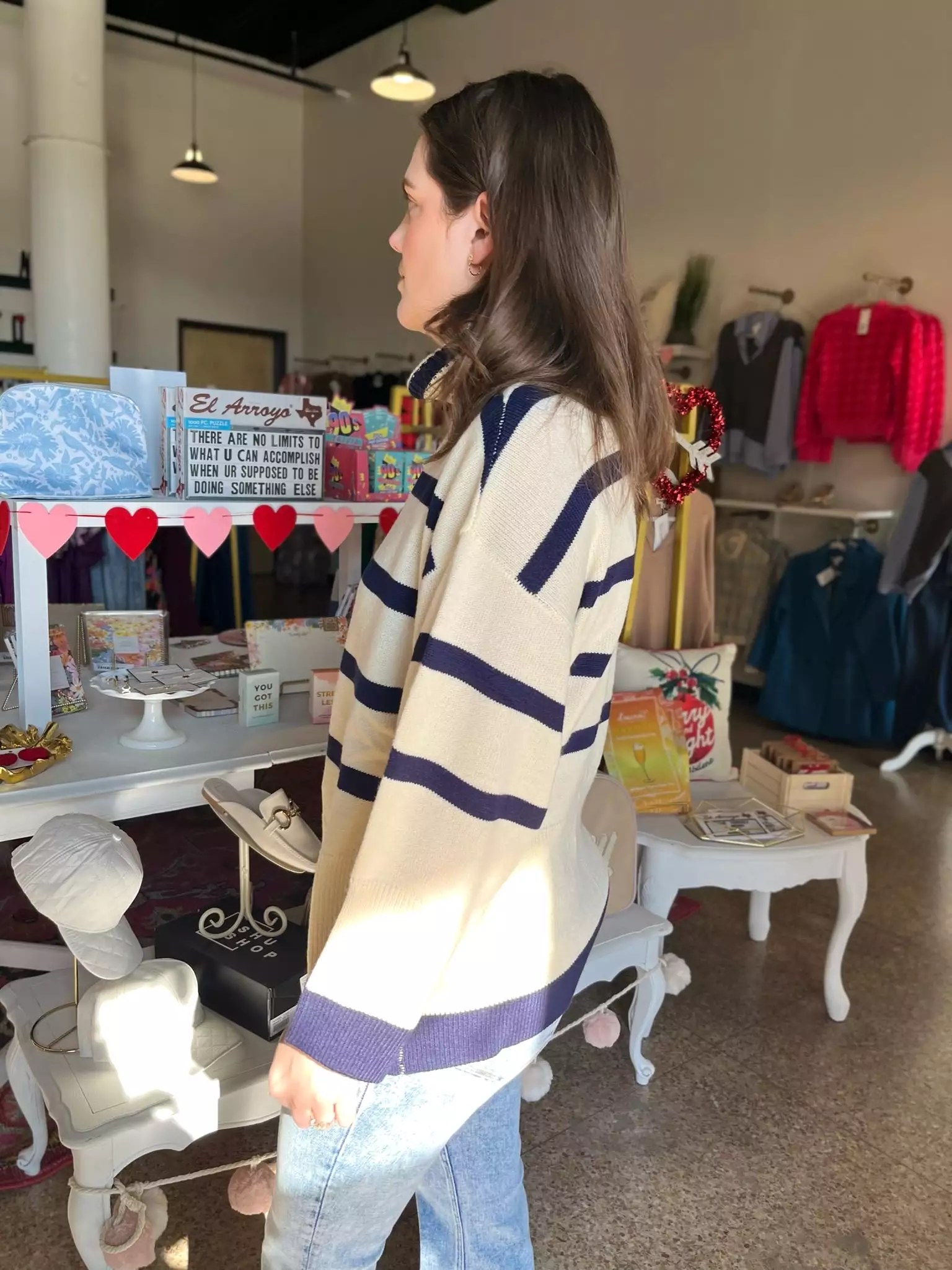 Cream and Navy Striped Turtleneck Sweater