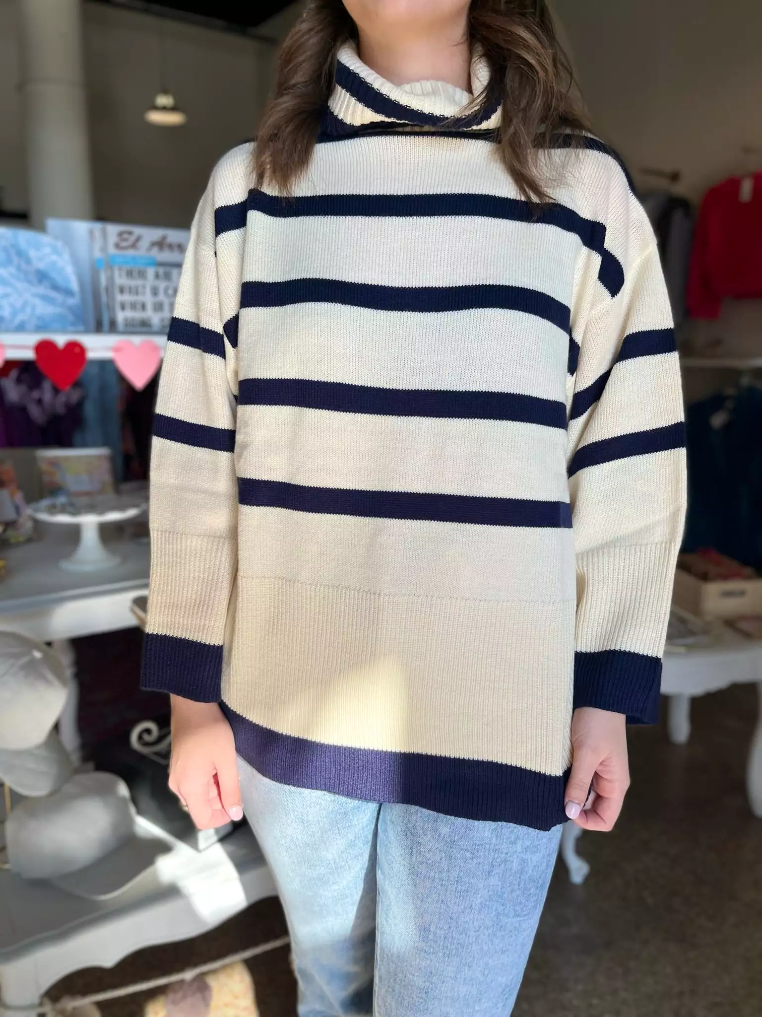 Cream and Navy Striped Turtleneck Sweater