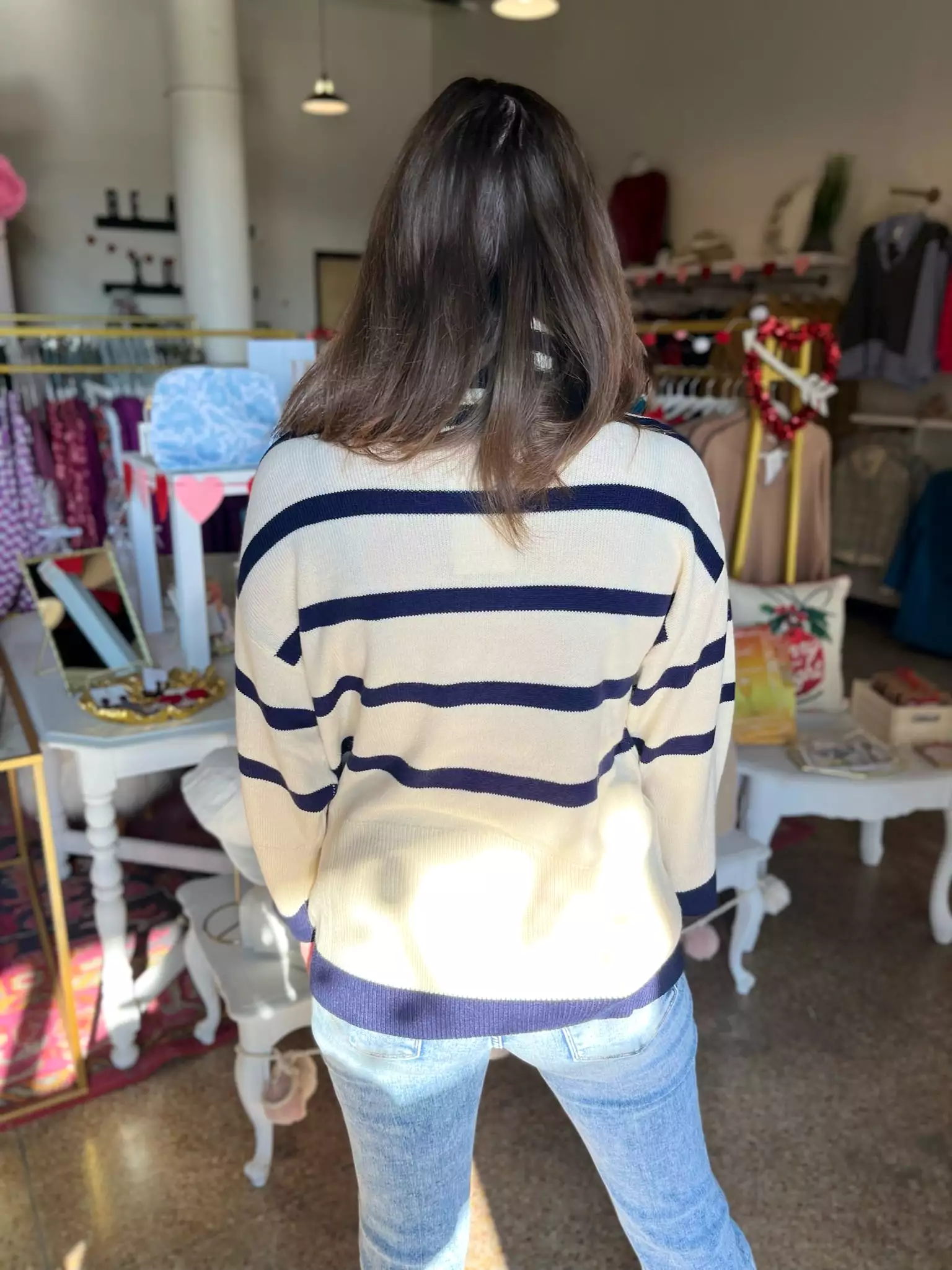 Cream and Navy Striped Turtleneck Sweater