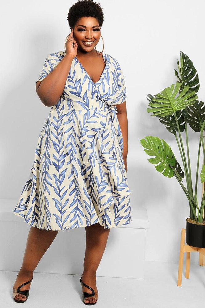 Cream Blue Print Midi Wrap Dress