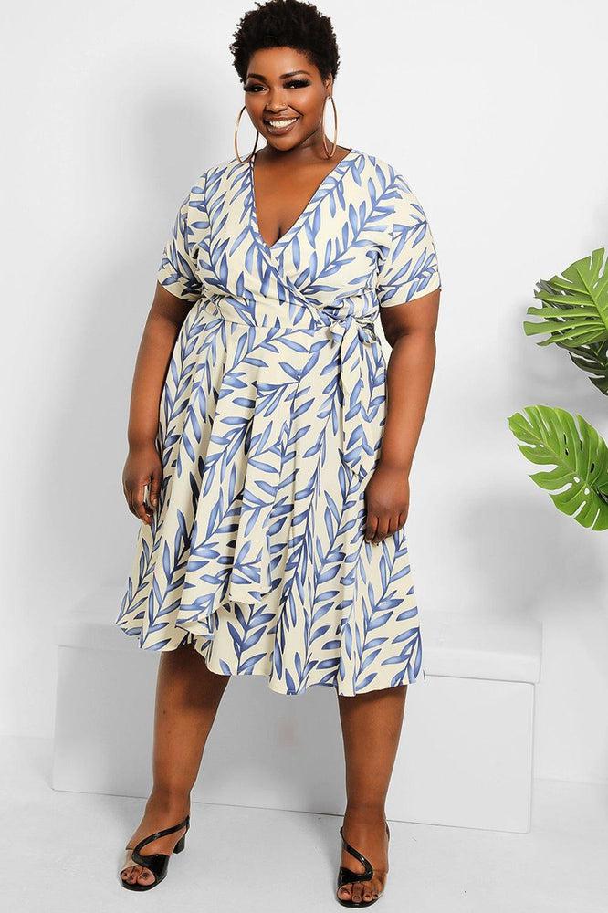 Cream Blue Print Midi Wrap Dress