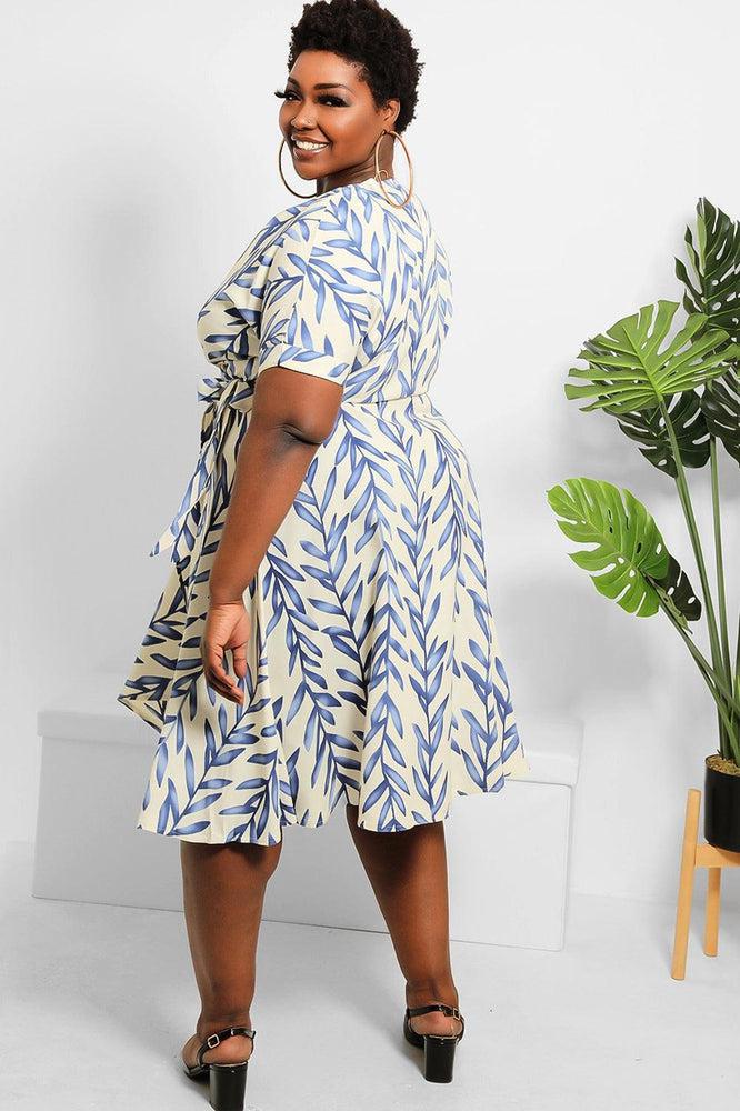 Cream Blue Print Midi Wrap Dress