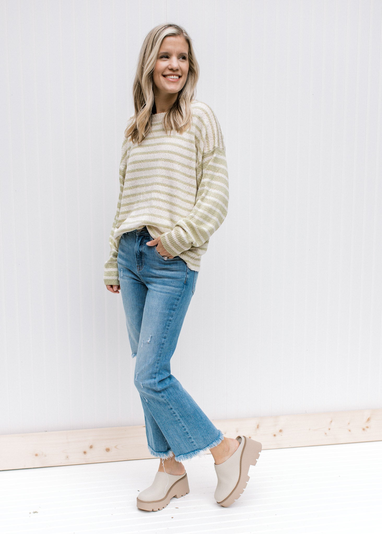 Cream Lime Stripe Sweater