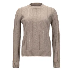 Striped Crewneck Sweater with Embellishments - Mink