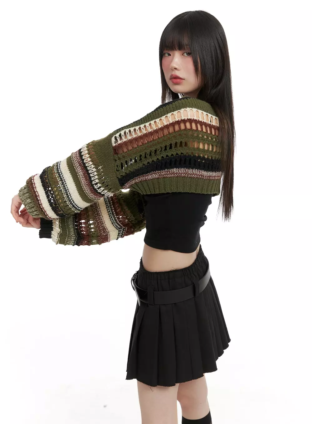 Crochet Striped Crop Sweater CA411