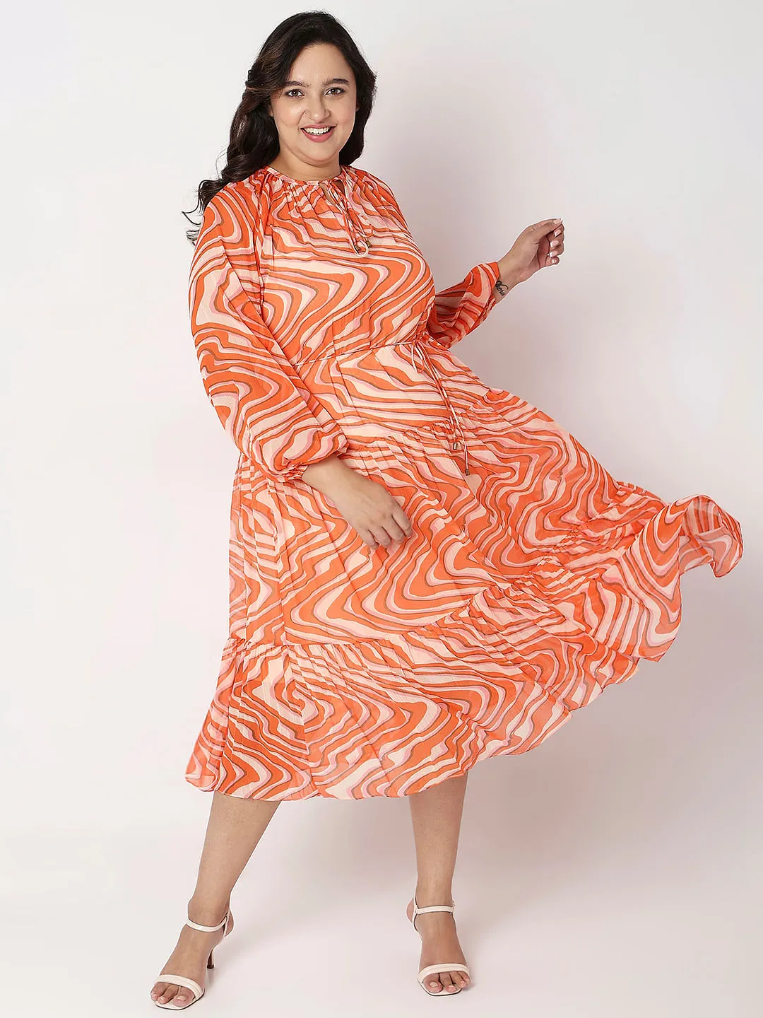 Orange Abstract Print Shift Dress for Curvy Women