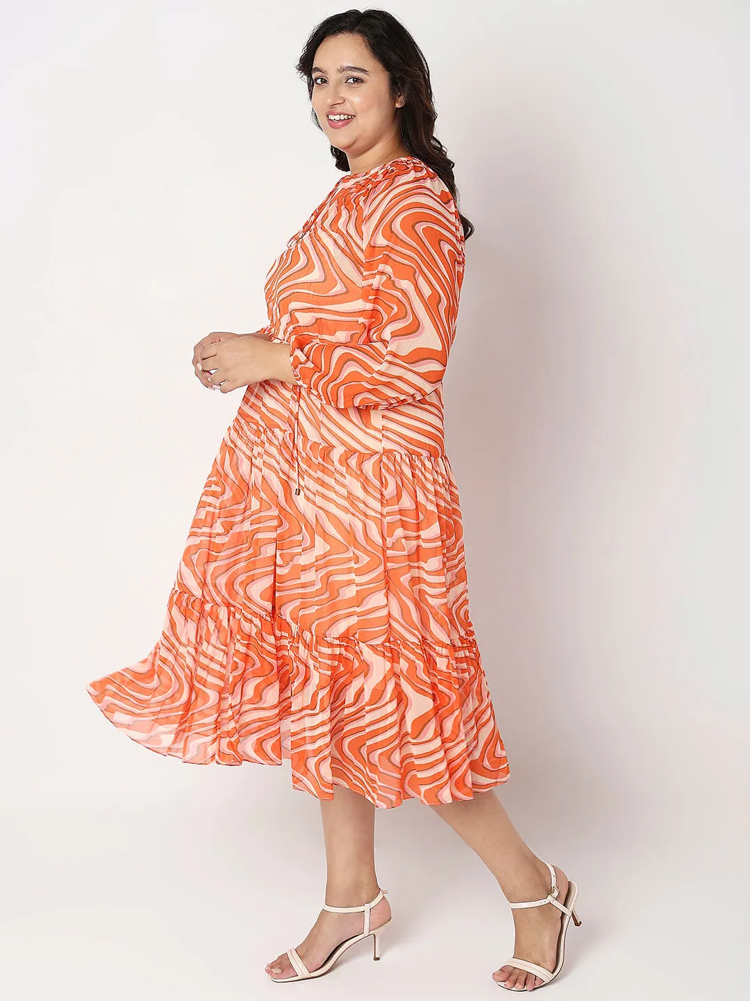 Orange Abstract Print Shift Dress for Curvy Women