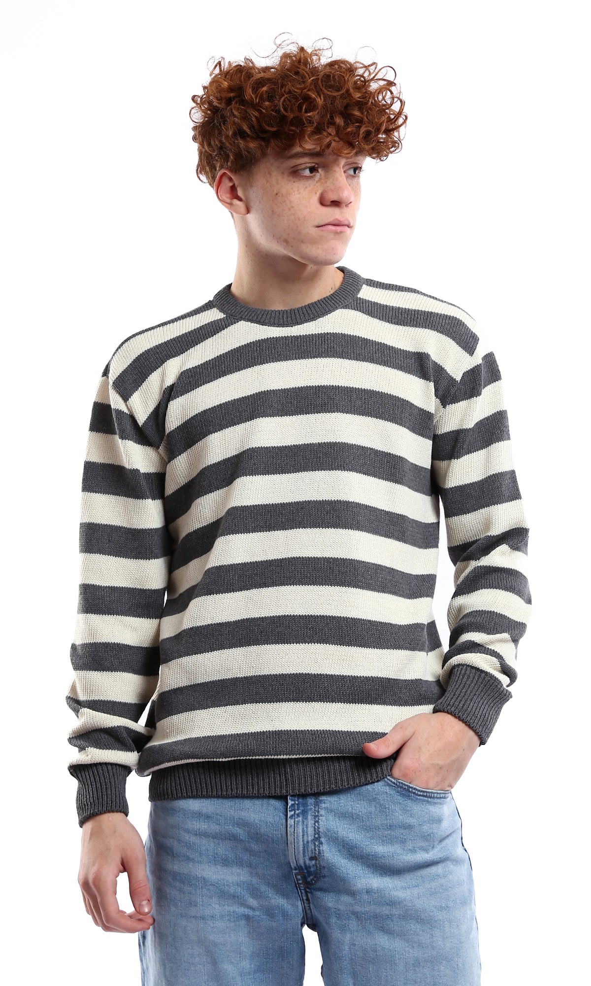 Dark Grey and Off-White Striped Knitted Pullover