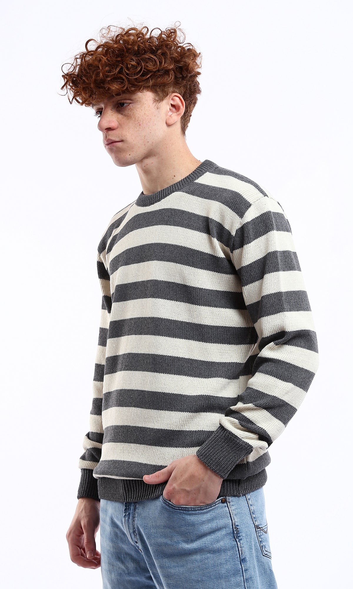 Dark Grey and Off-White Striped Knitted Pullover