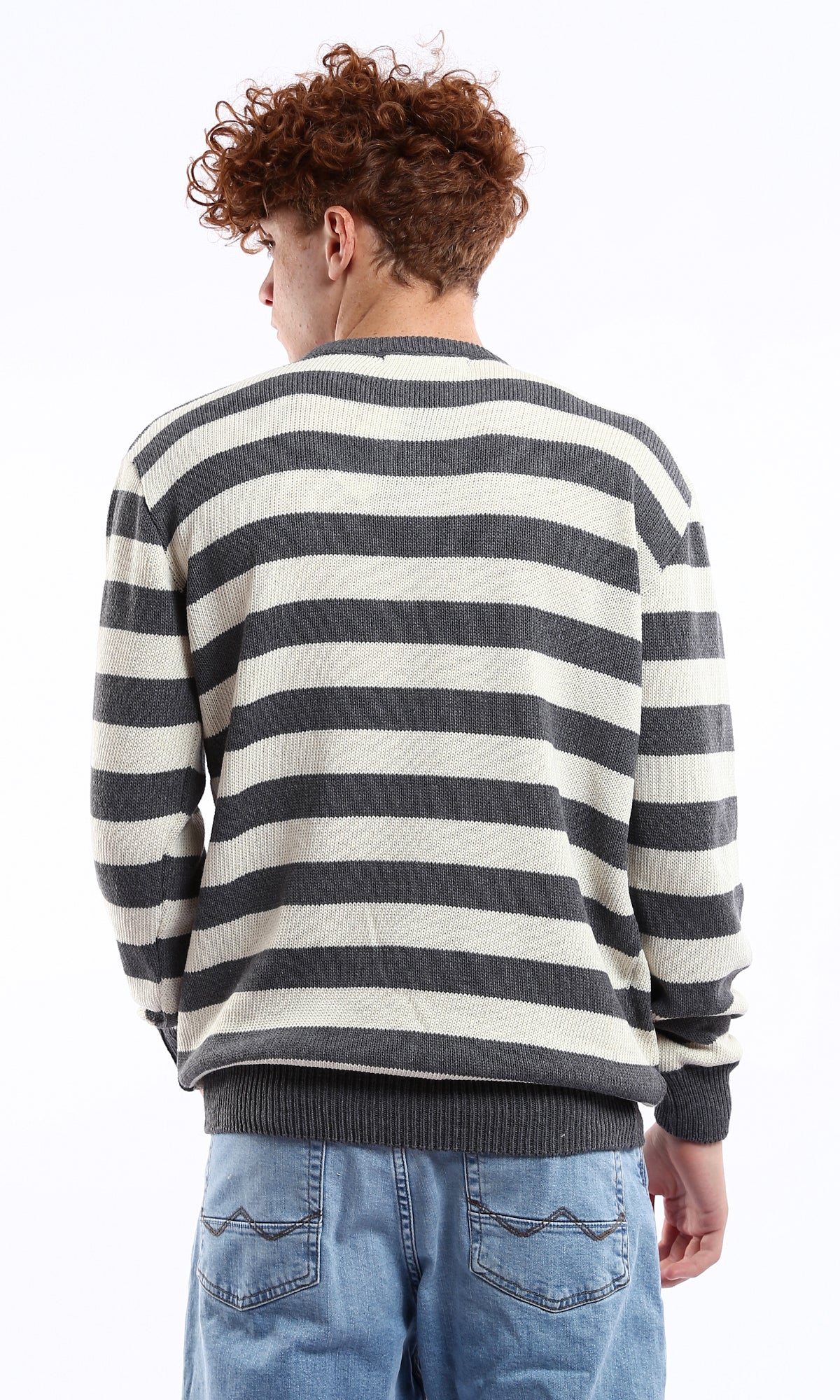 Dark Grey and Off-White Striped Knitted Pullover