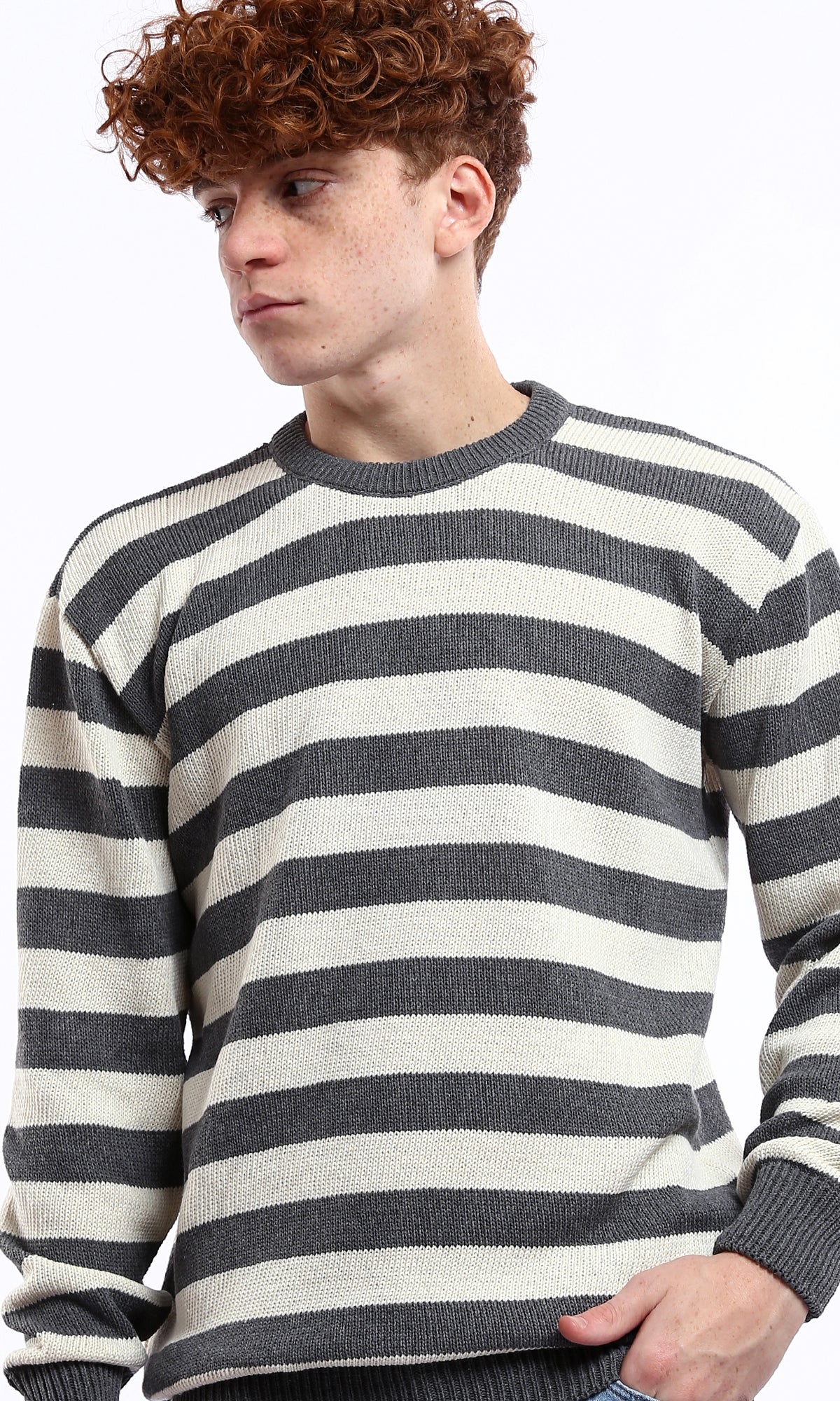 Dark Grey and Off-White Striped Knitted Pullover