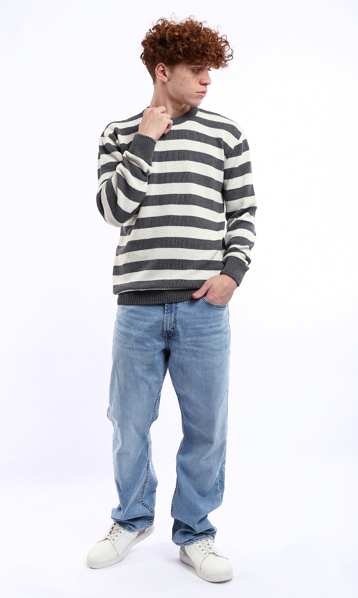 Dark Grey and Off-White Striped Knitted Pullover