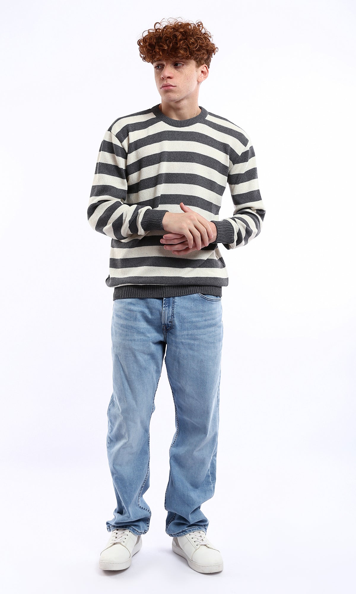 Dark Grey and Off-White Striped Knitted Pullover