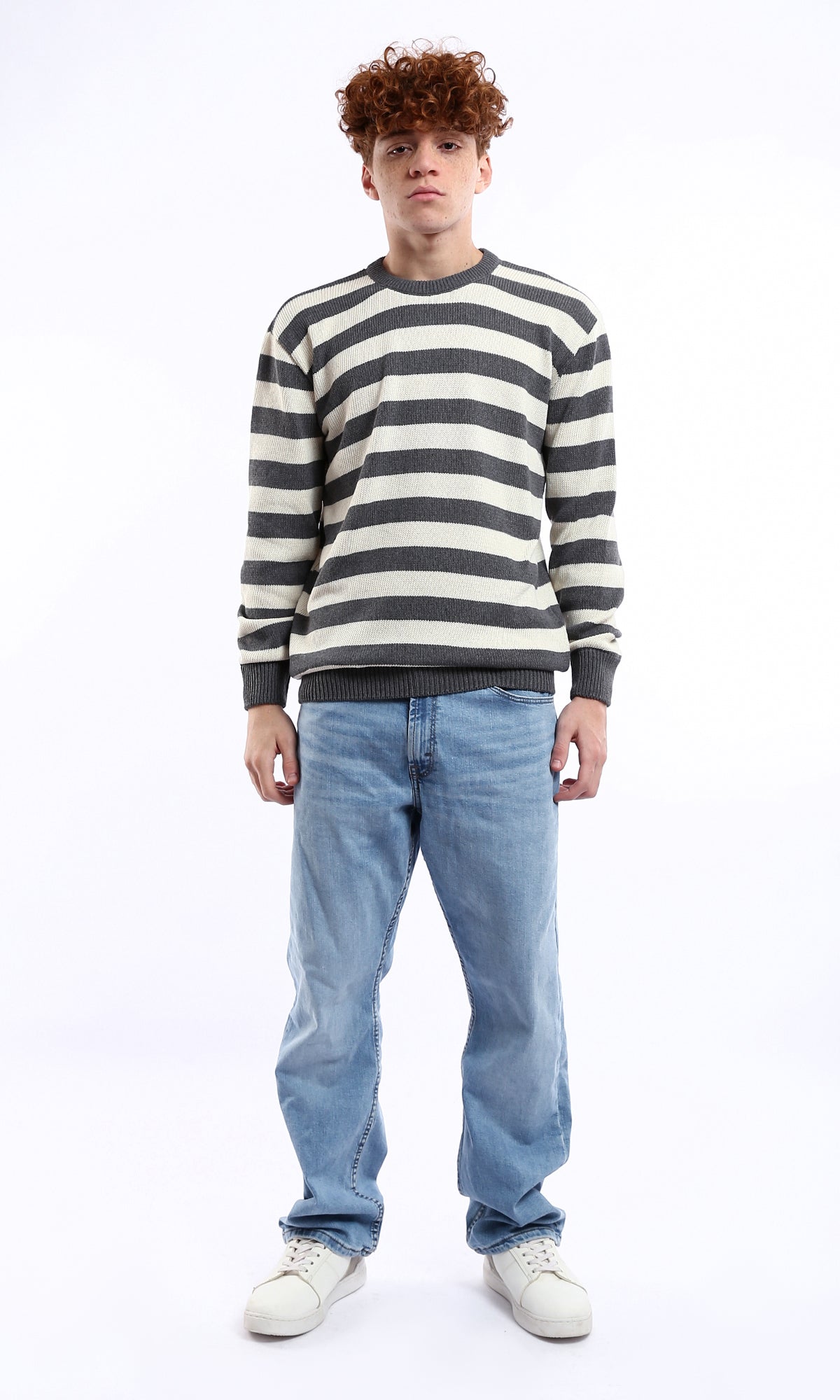 Dark Grey and Off-White Striped Knitted Pullover