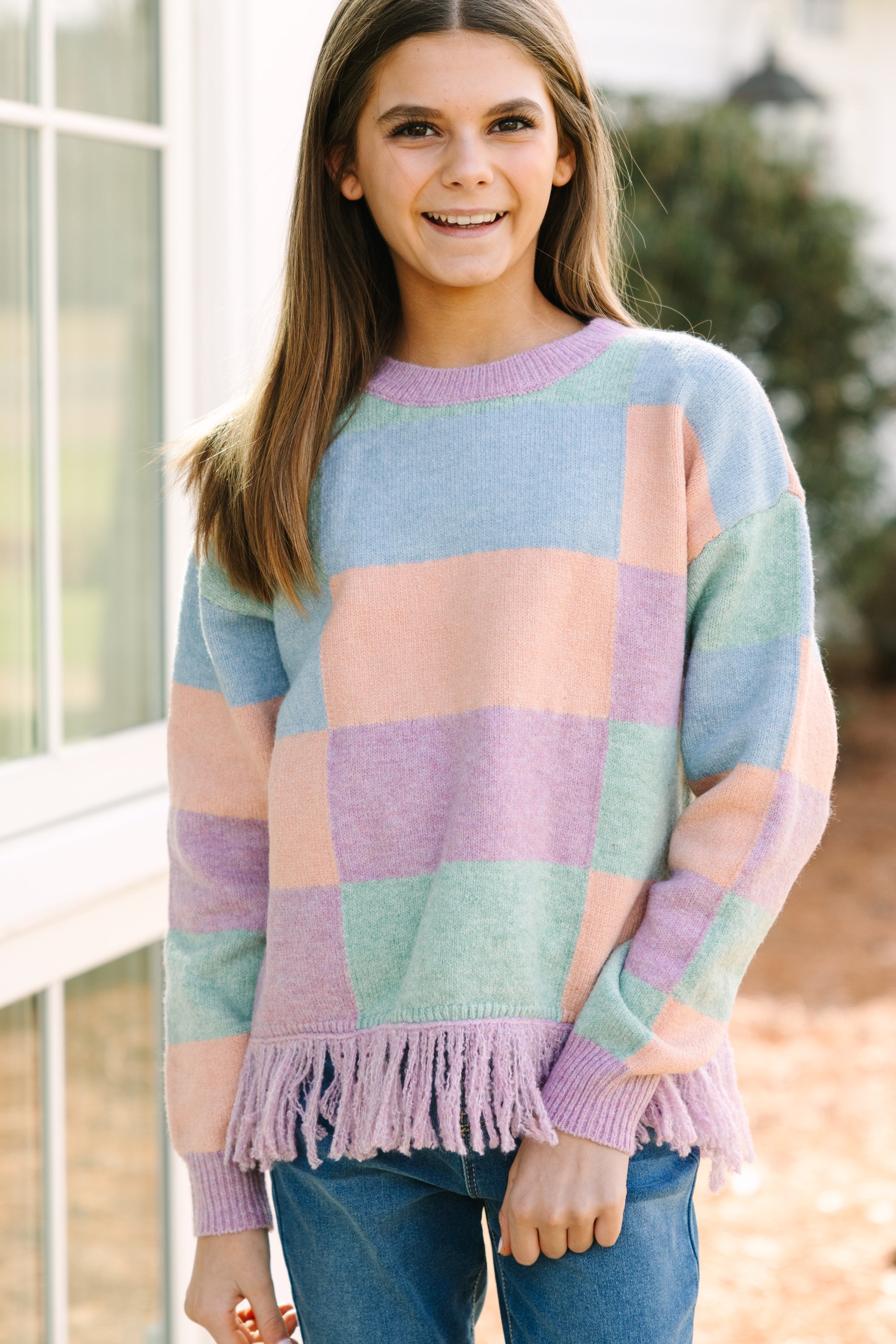 Day Lavender Multi Checkered Sweater for Girls