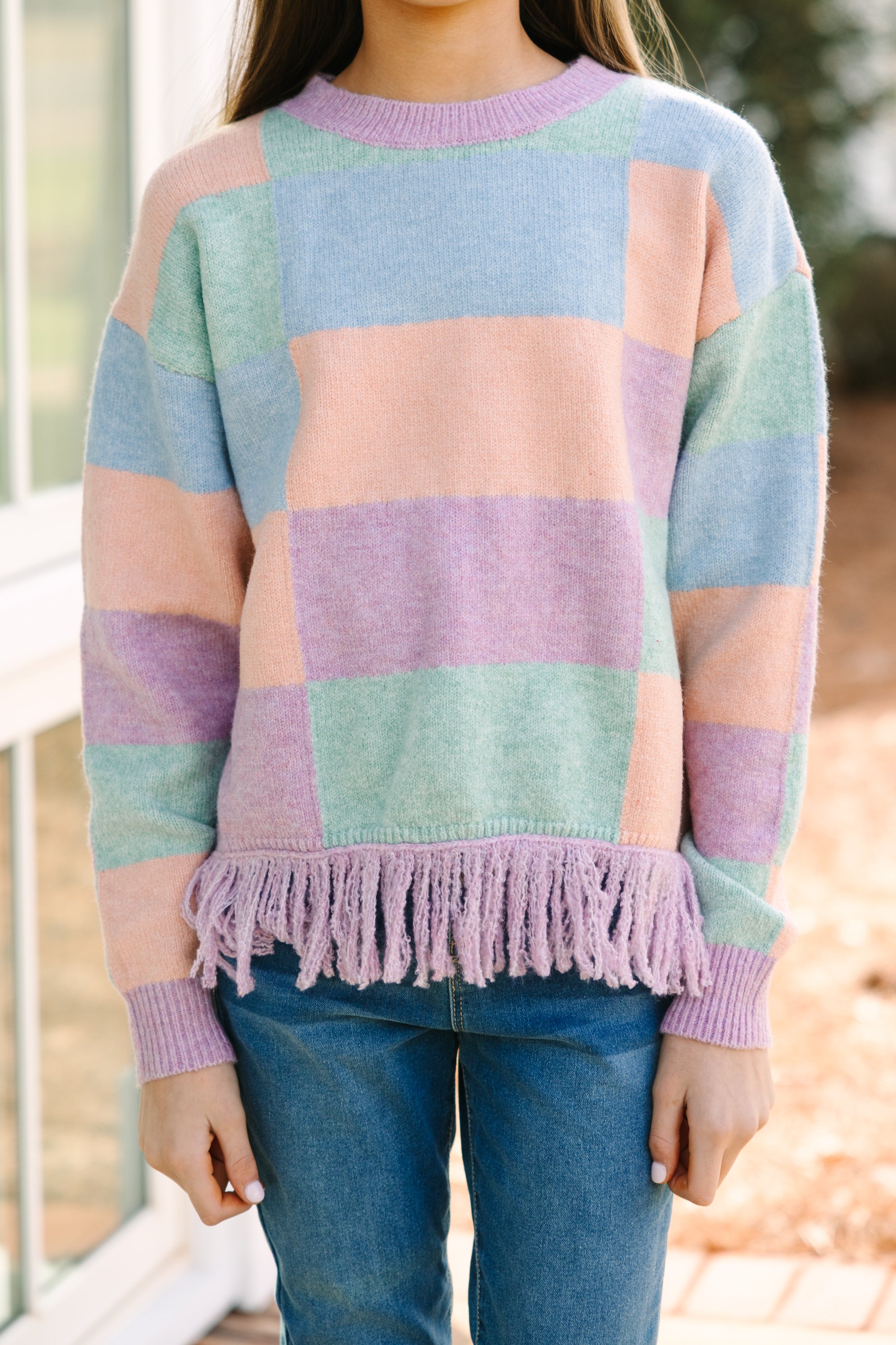 Day Lavender Multi Checkered Sweater for Girls