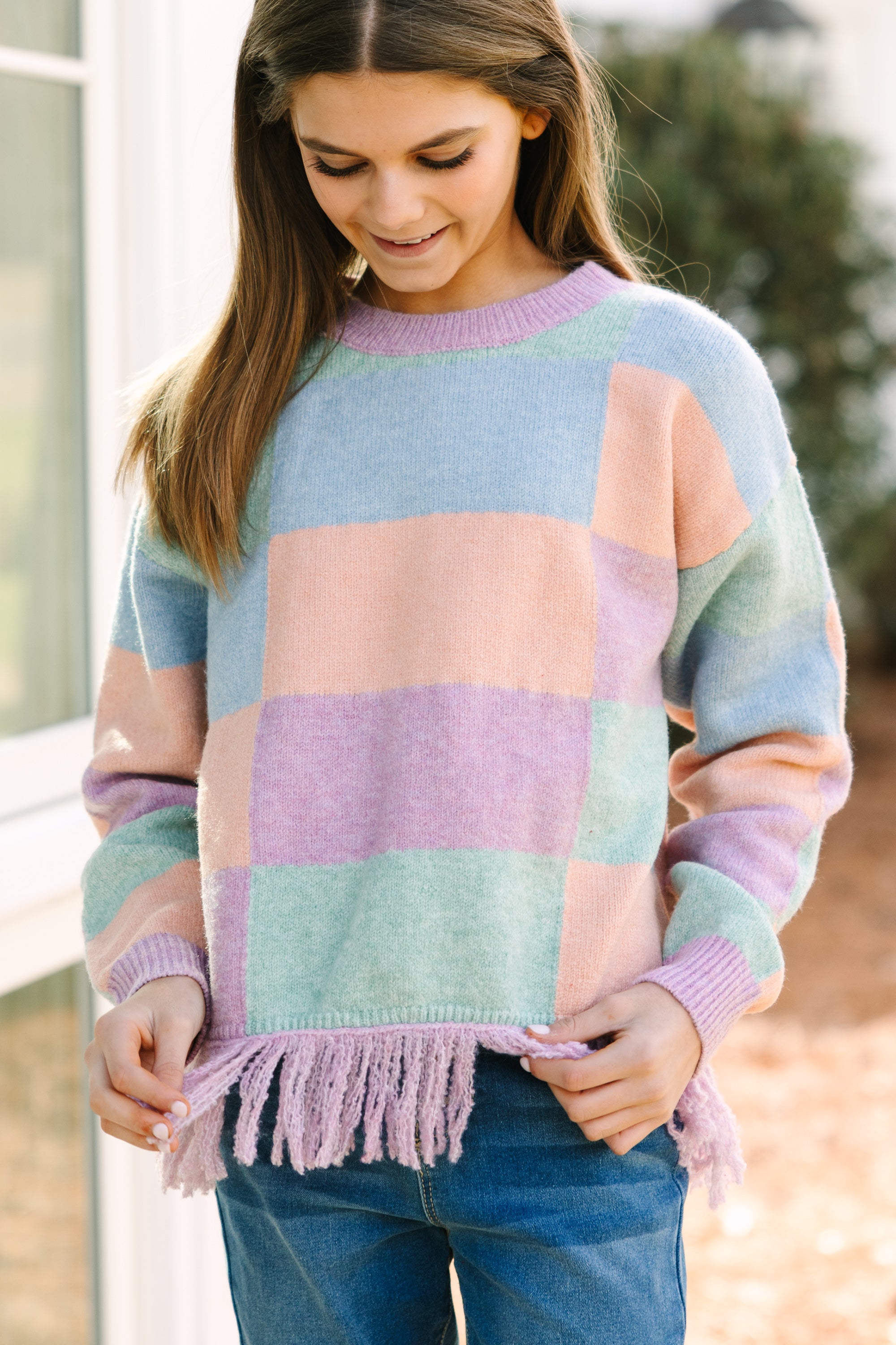 Day Lavender Multi Checkered Sweater for Girls