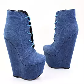 Denim lace up ankle wedge booties