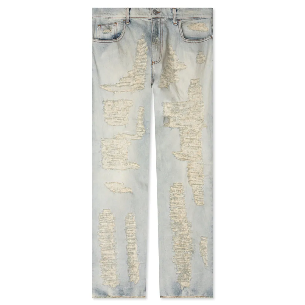 Destroyed Tan Denim Blue Embroidered Jeans