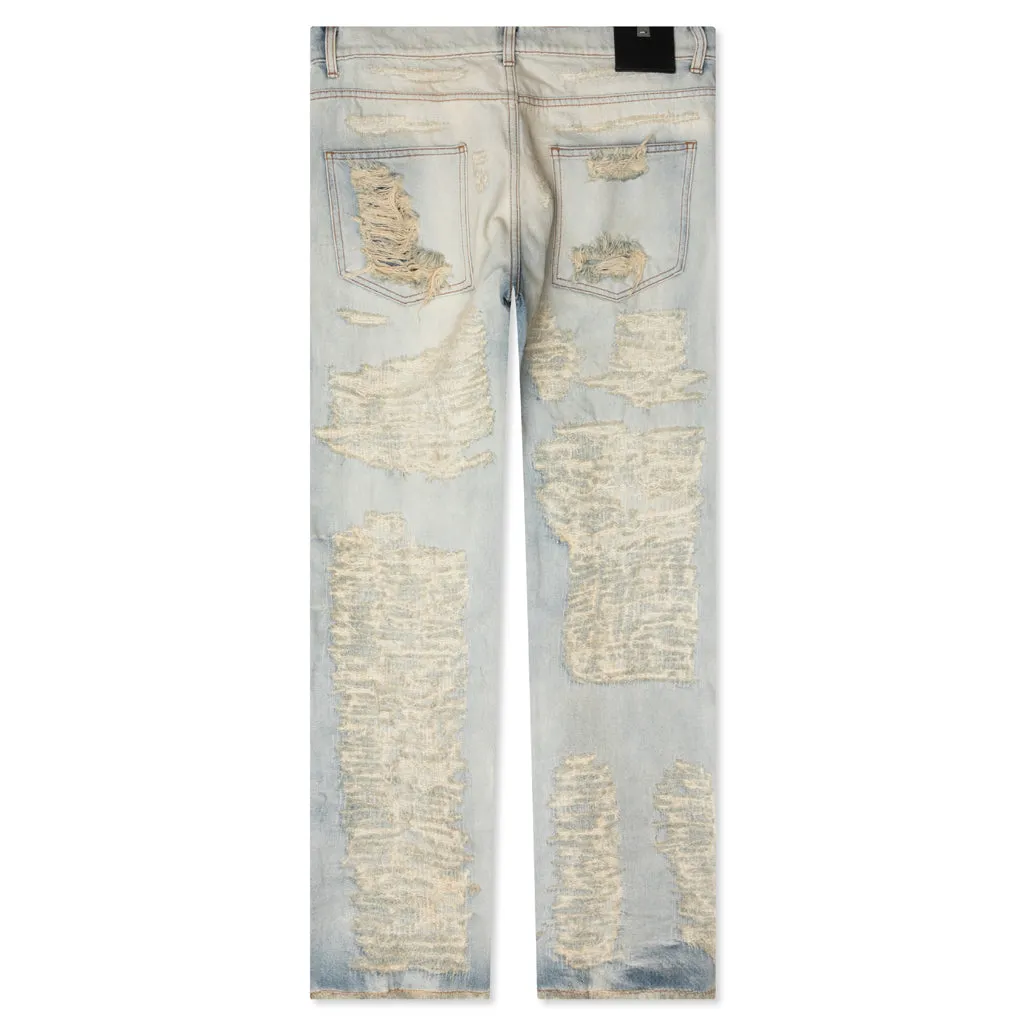 Destroyed Tan Denim Blue Embroidered Jeans