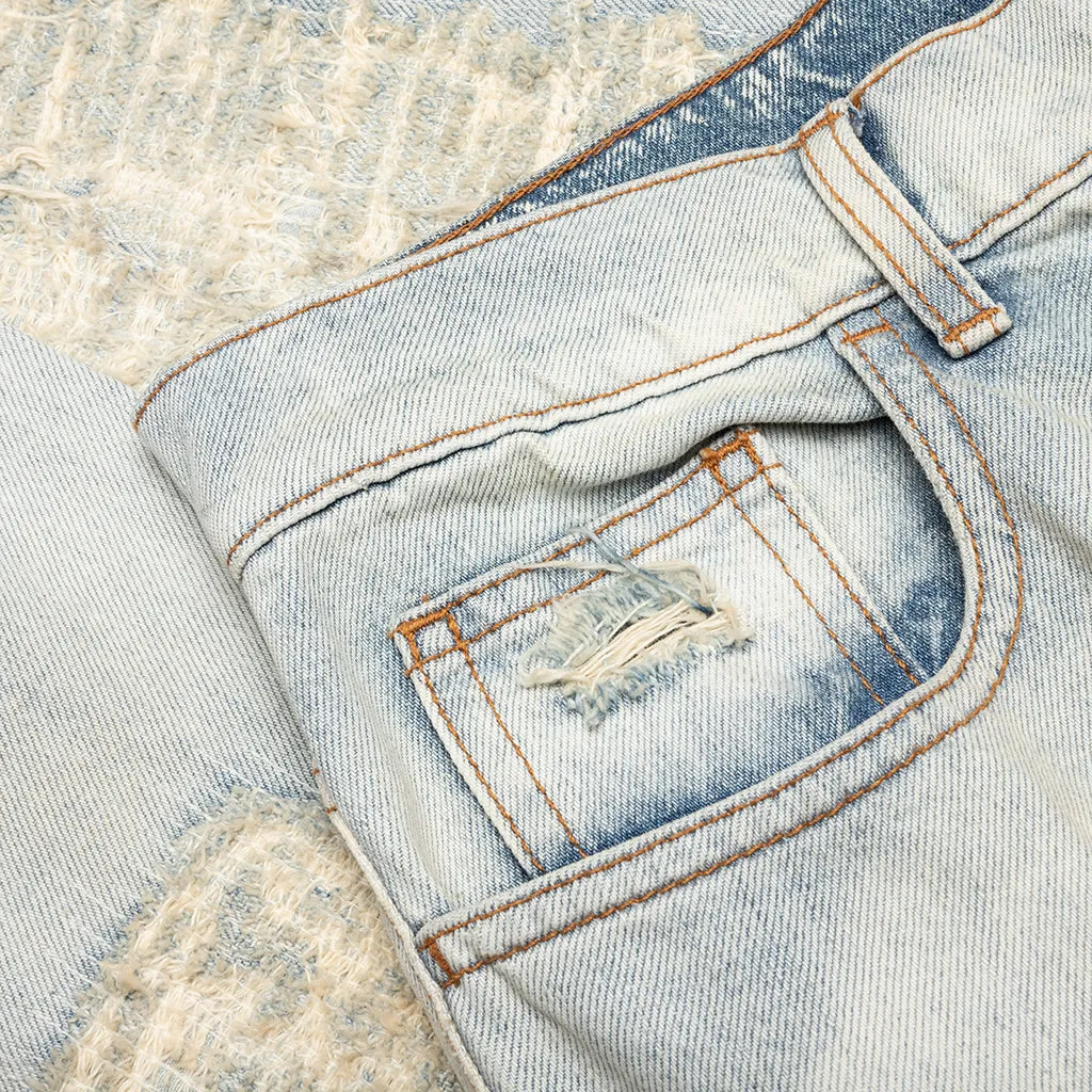 Destroyed Tan Denim Blue Embroidered Jeans