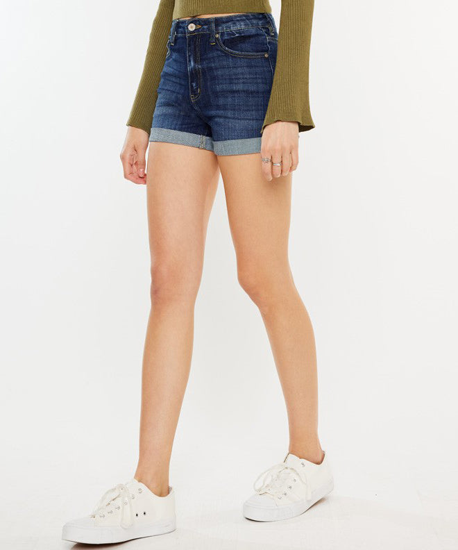 Double Fold Dark Wash Denim Shorts High Rise