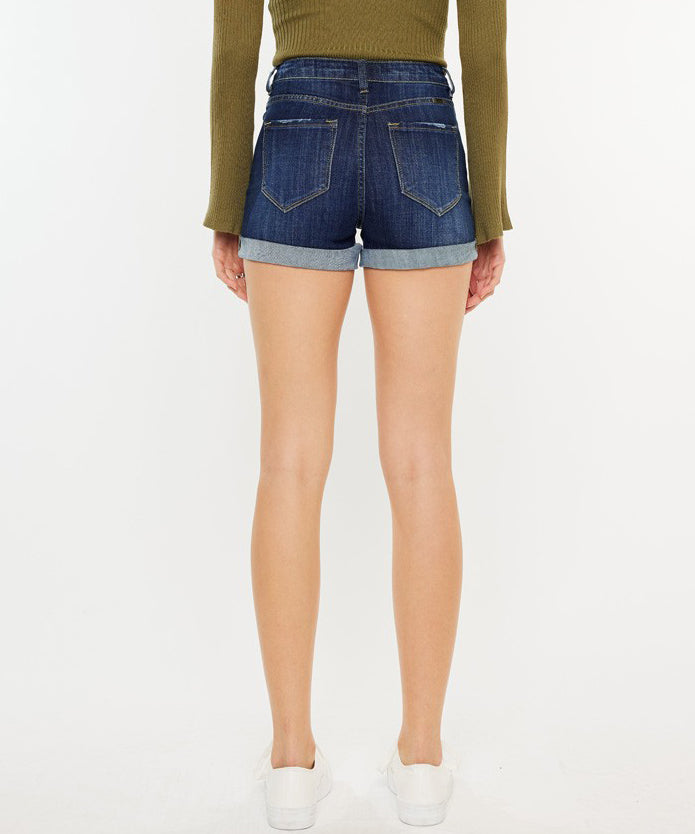 Double Fold Dark Wash Denim Shorts High Rise