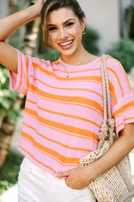 Easy Pink Striped Short Sleeve Sweater