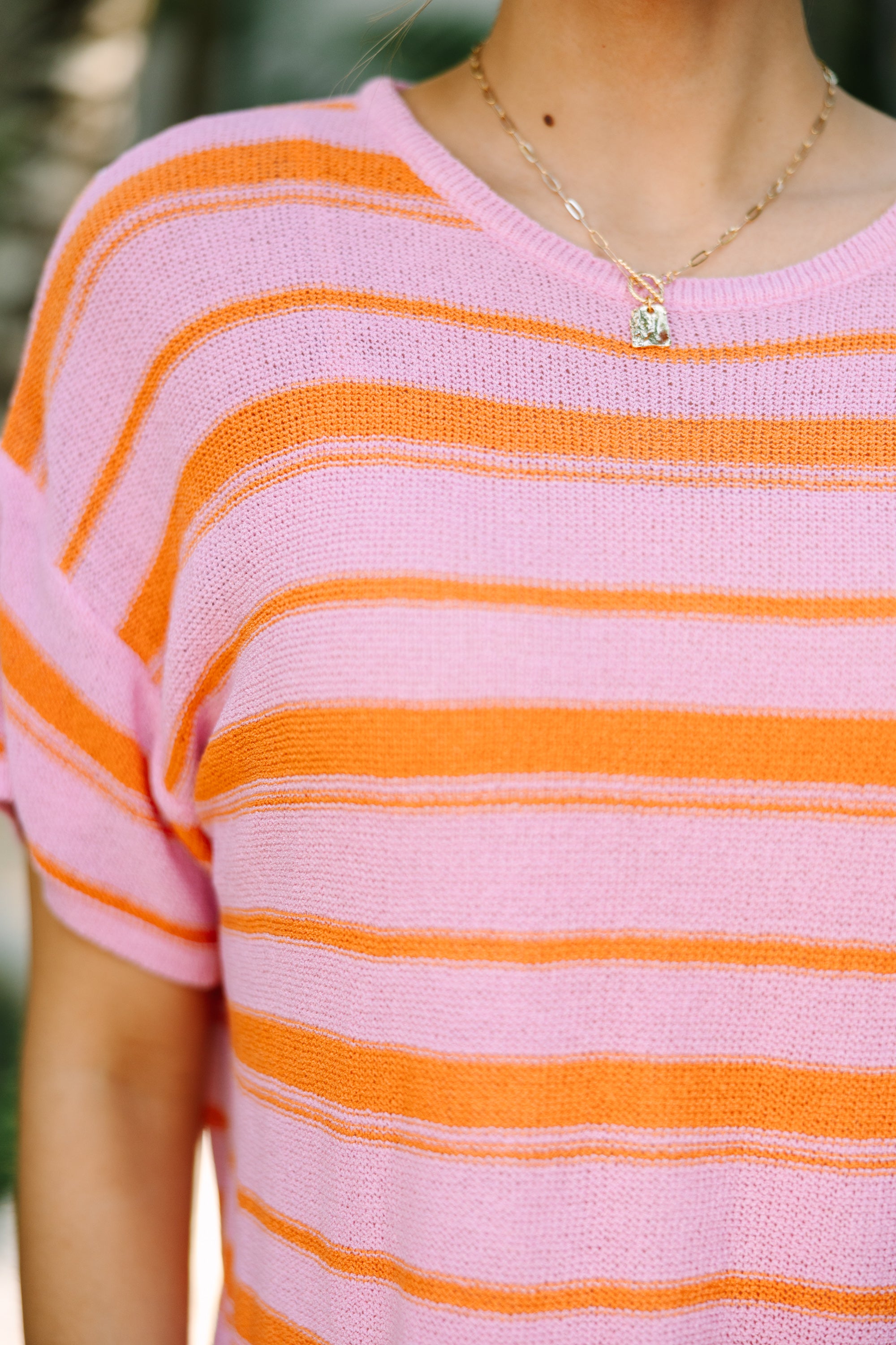 Easy Pink Striped Short Sleeve Sweater