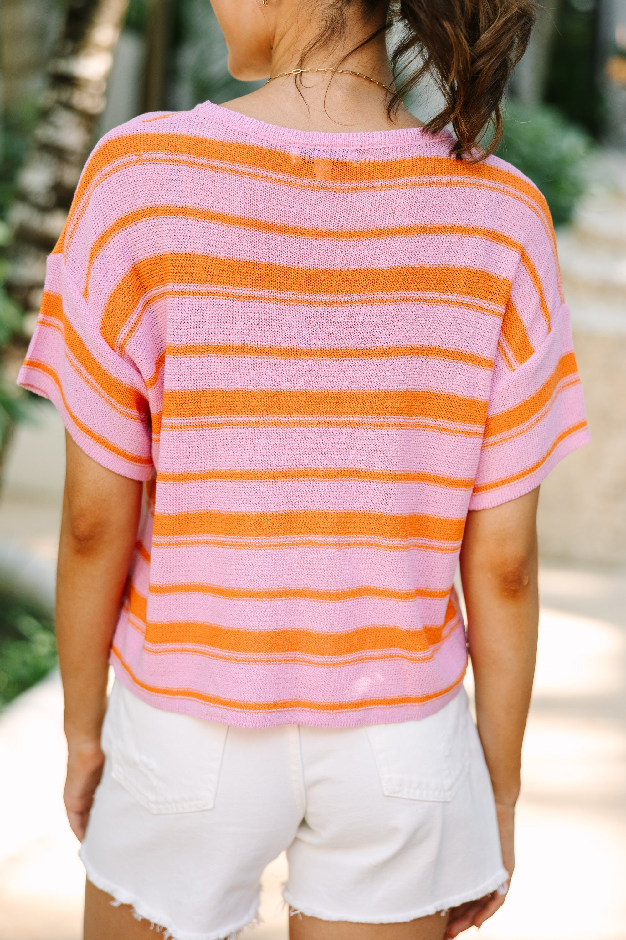 Easy Pink Striped Short Sleeve Sweater