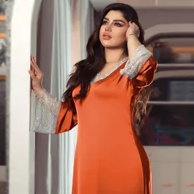 Eid Satin Diamonds Plus Size Long Dress Women S4856161