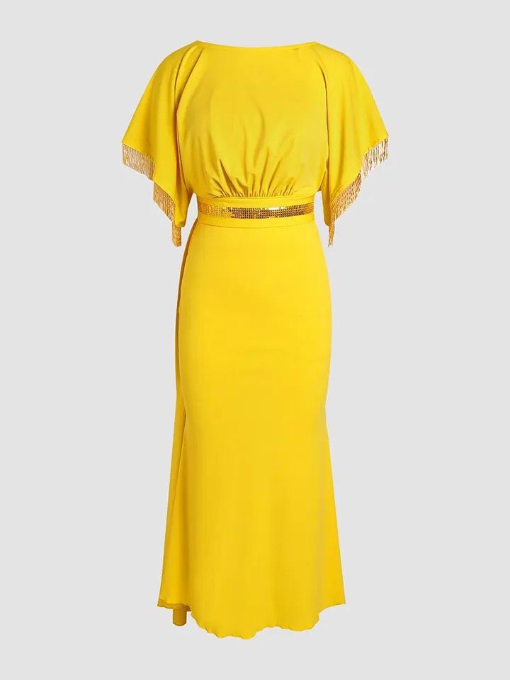 Elegant Yellow Beaded Dress with Fringe - L S4711118