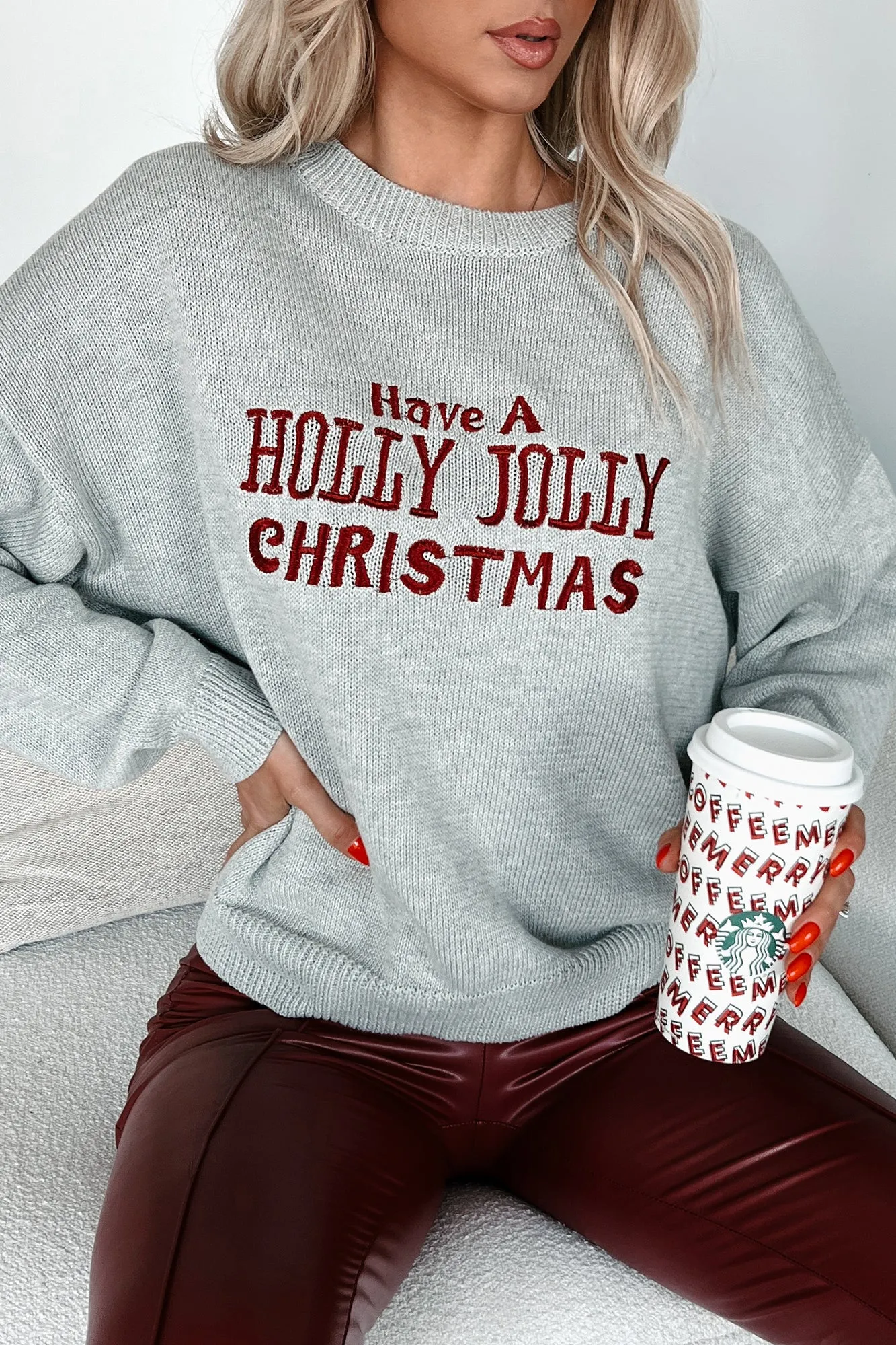 Embroidered Holiday Sweater in Heather Grey