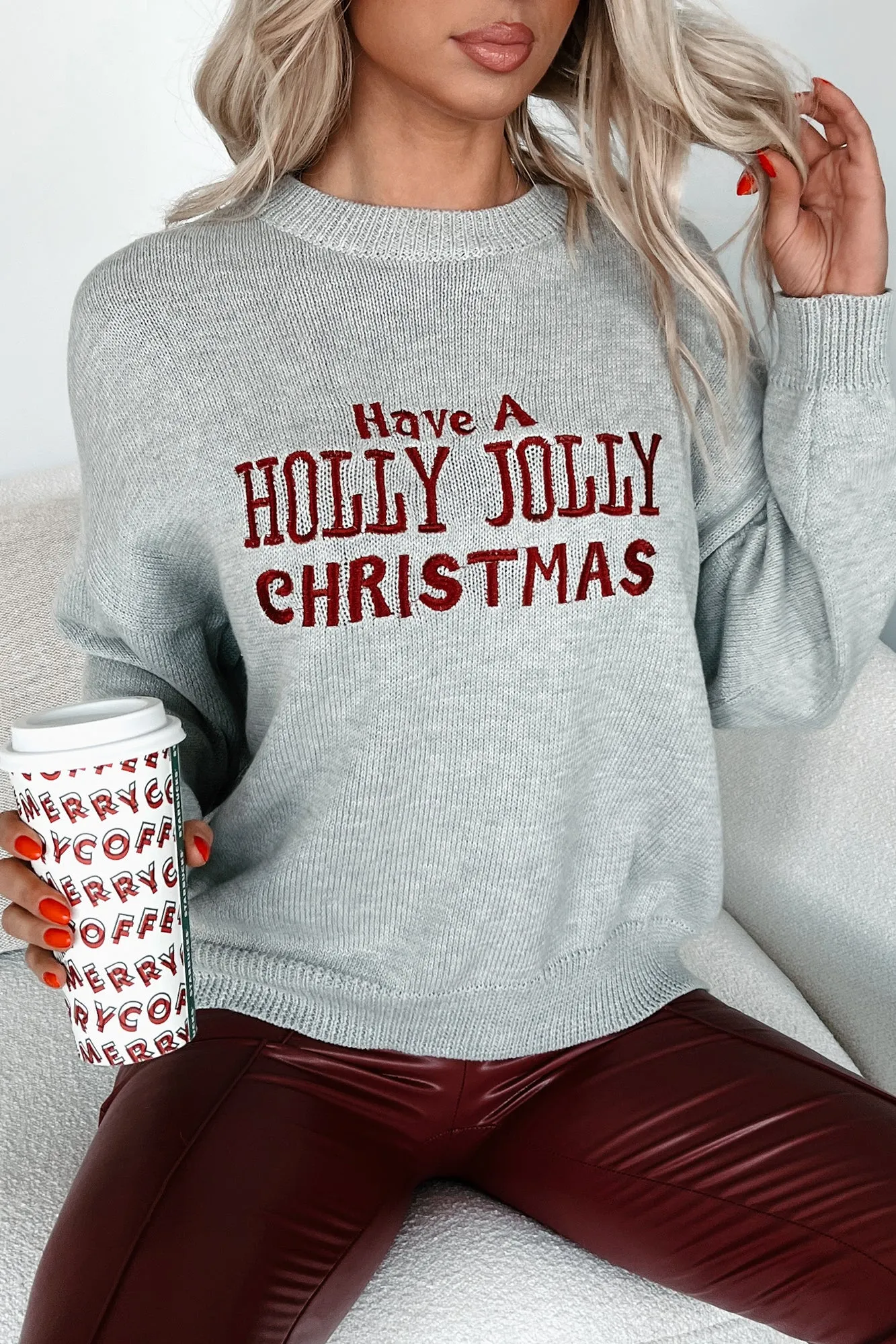 Embroidered Holiday Sweater in Heather Grey