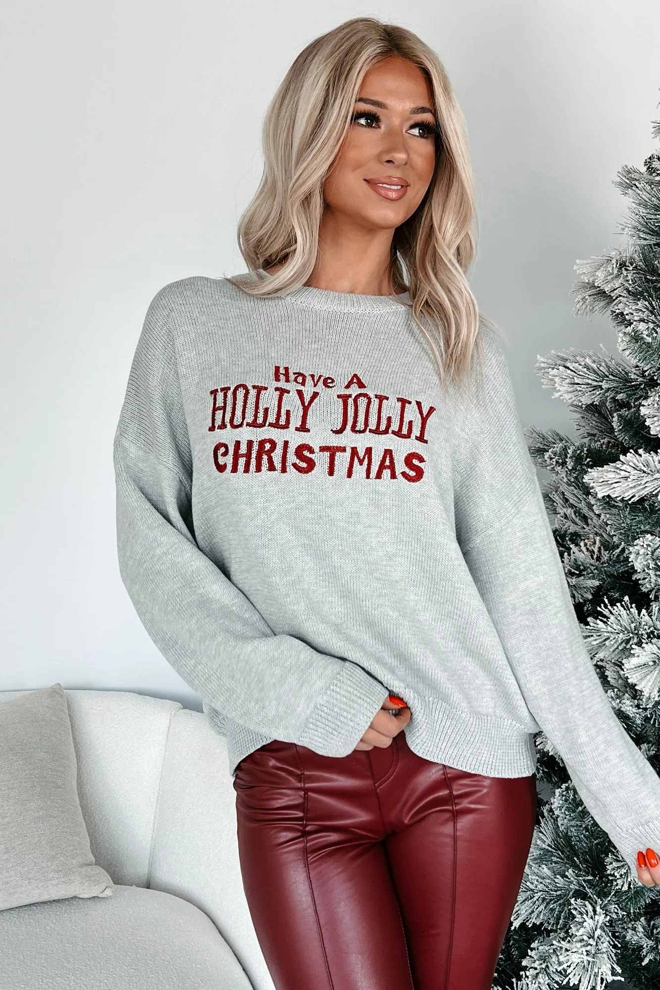 Embroidered Holiday Sweater in Heather Grey