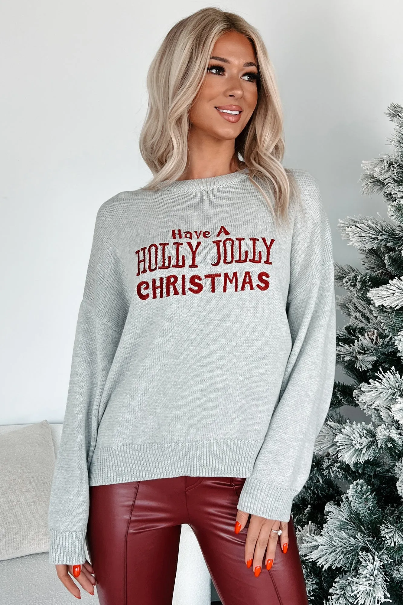 Embroidered Holiday Sweater in Heather Grey