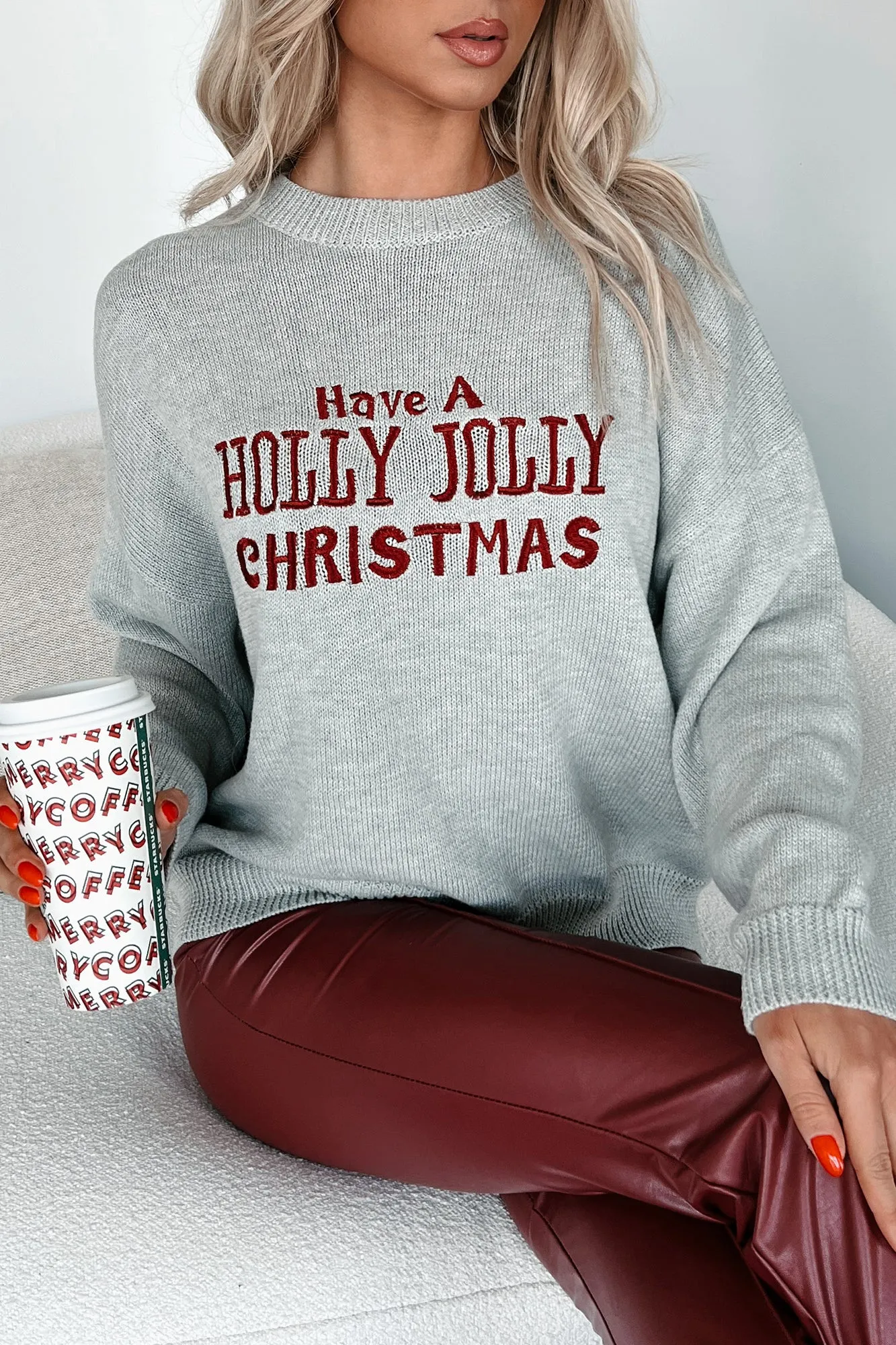 Embroidered Holiday Sweater in Heather Grey