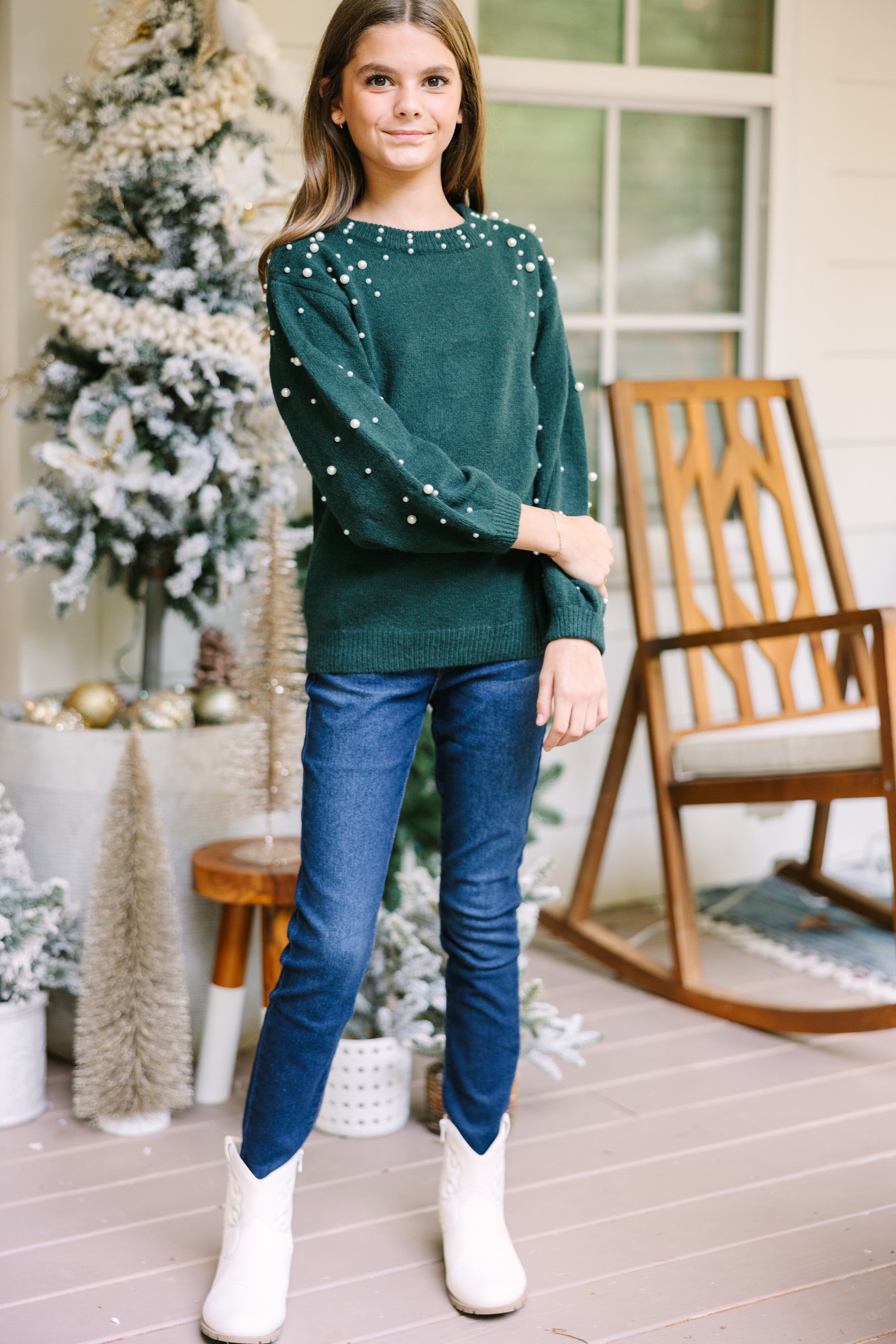 Emerald Green Pearl Studded Sweater for Girls