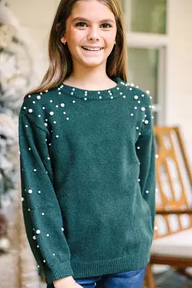 Emerald Green Pearl Studded Sweater for Girls