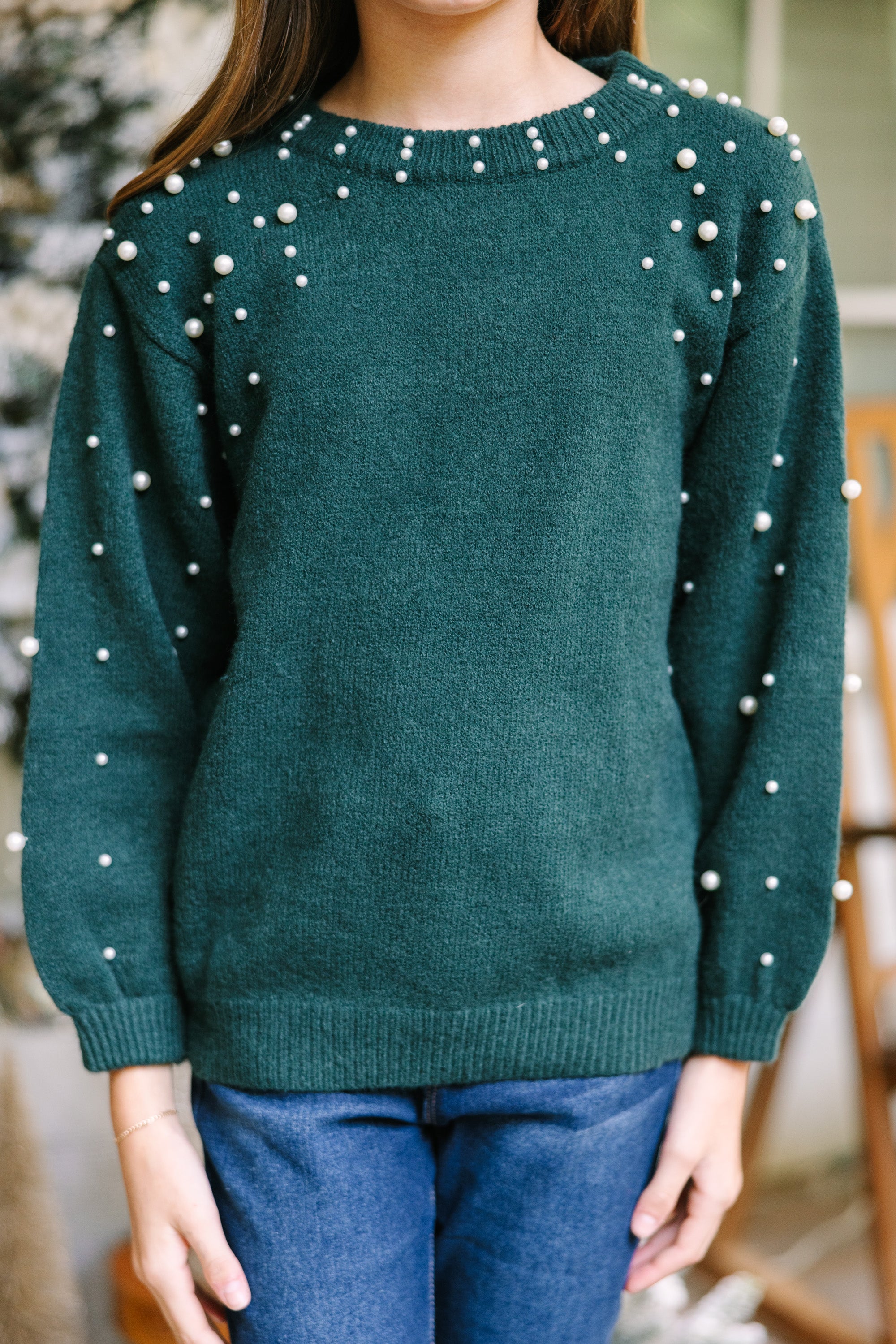 Emerald Green Pearl Studded Sweater for Girls