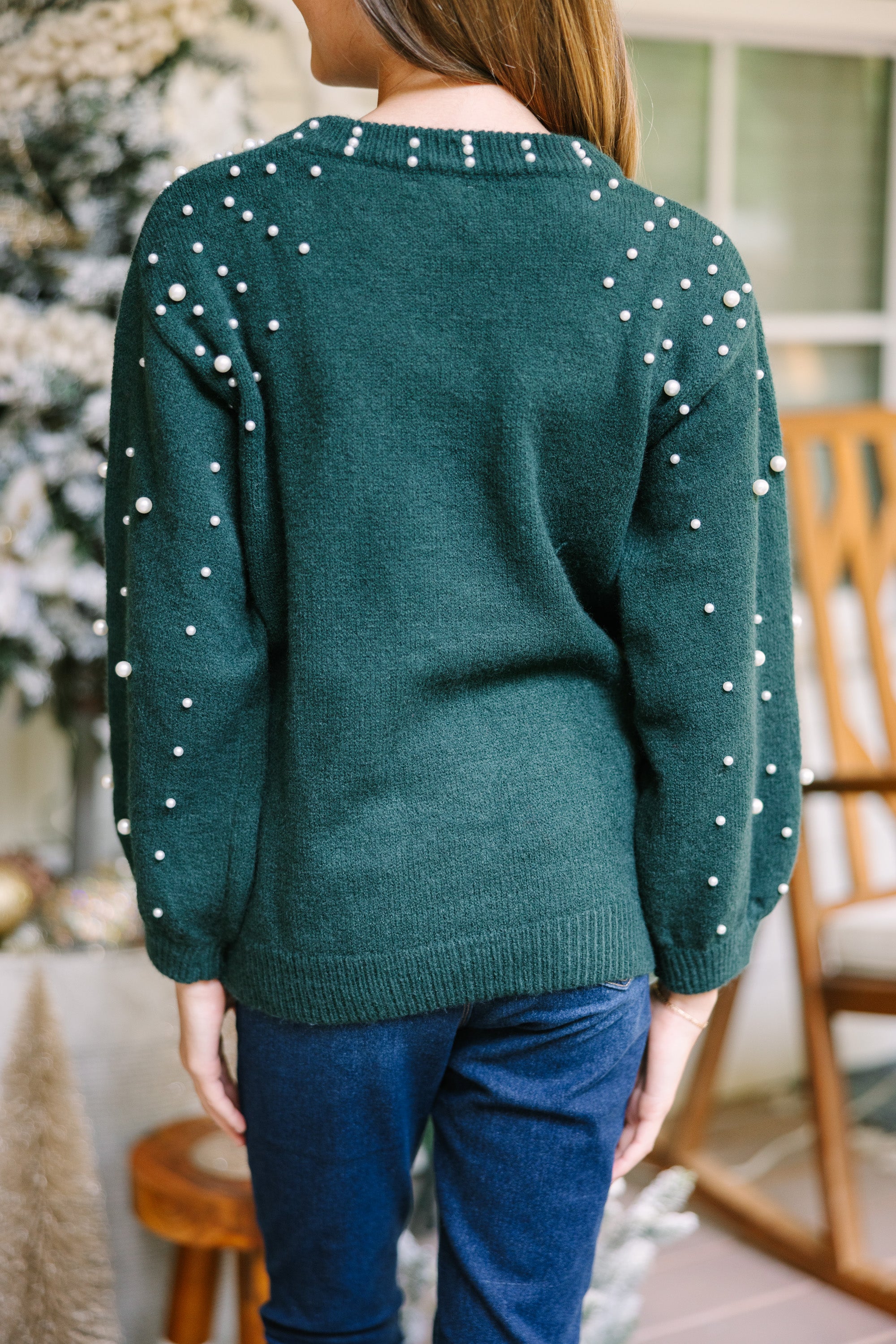 Emerald Green Pearl Studded Sweater for Girls