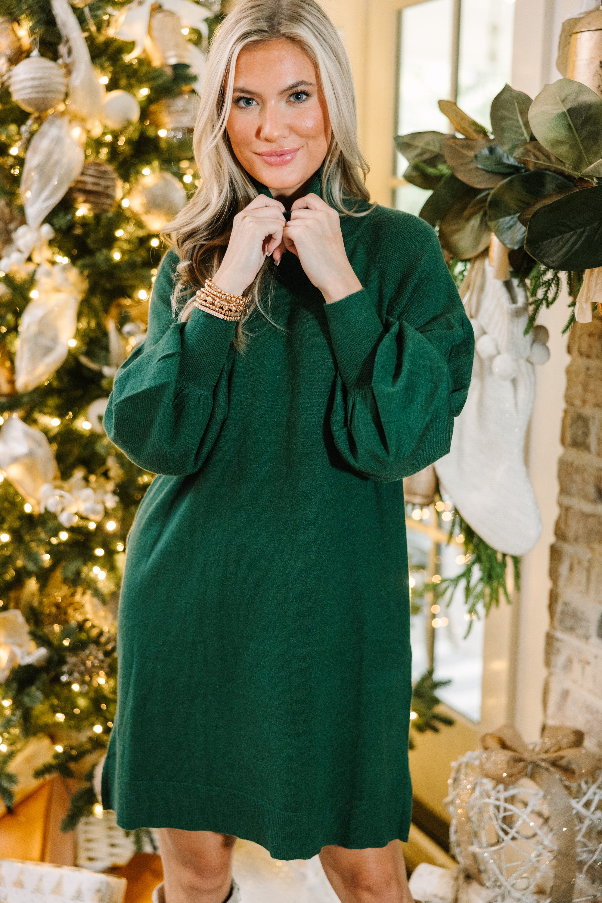 Emerald turtleneck sweater dress for any occasion.