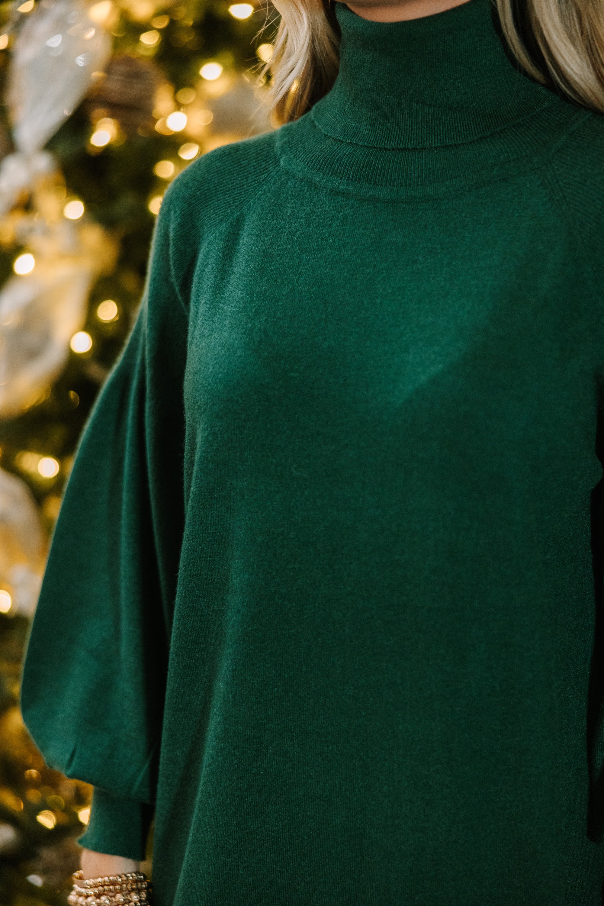 Emerald turtleneck sweater dress for any occasion.