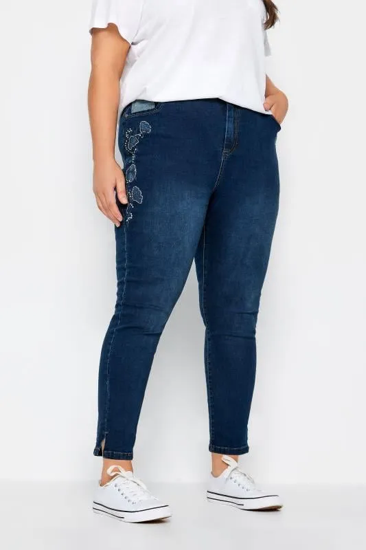 Denim Floral Embroidered Jean by Evans