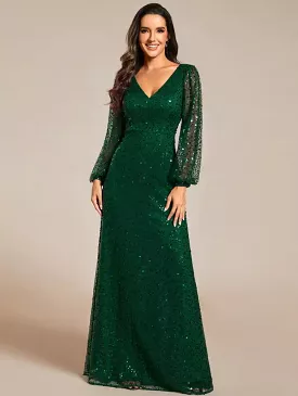 Evening dress with long sleeves and a V-neck - S4996845.