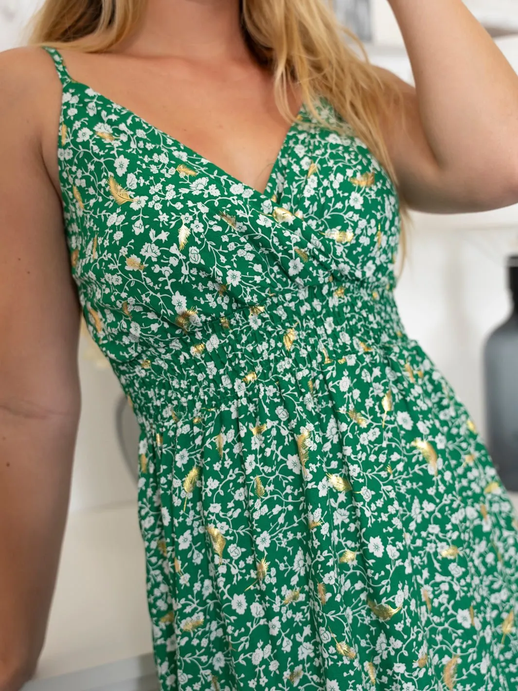 Everly long maxi dress in green floral print.