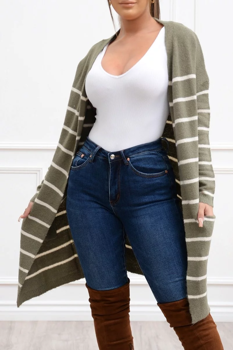 Fall Vibes Olive/White Striped Cardigan