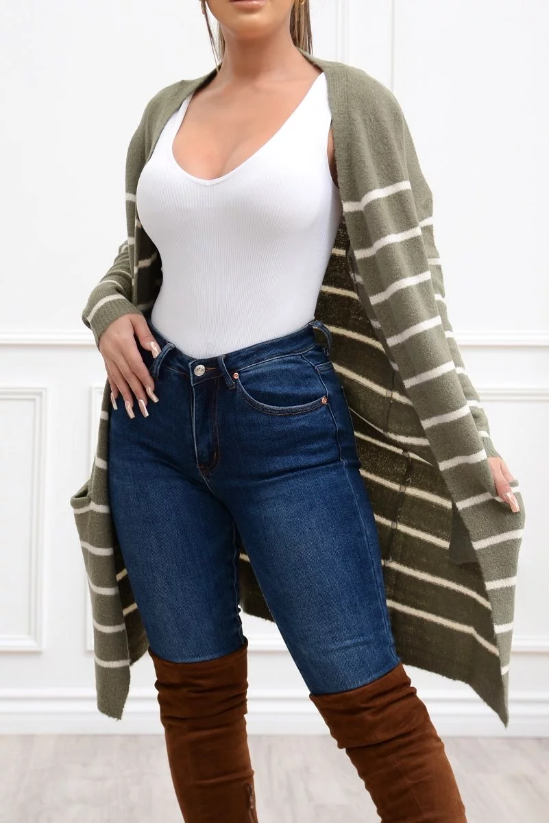 Fall Vibes Olive/White Striped Cardigan